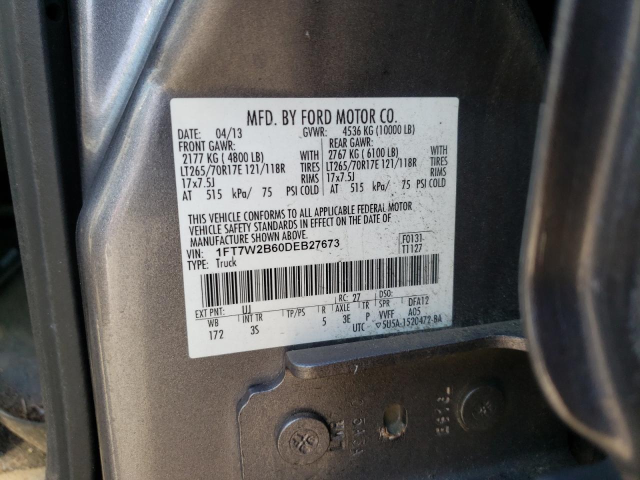 Photo 10 from auction – 2013 FORD F250 SUPER with VIN 1FT7W2B60DEB27673