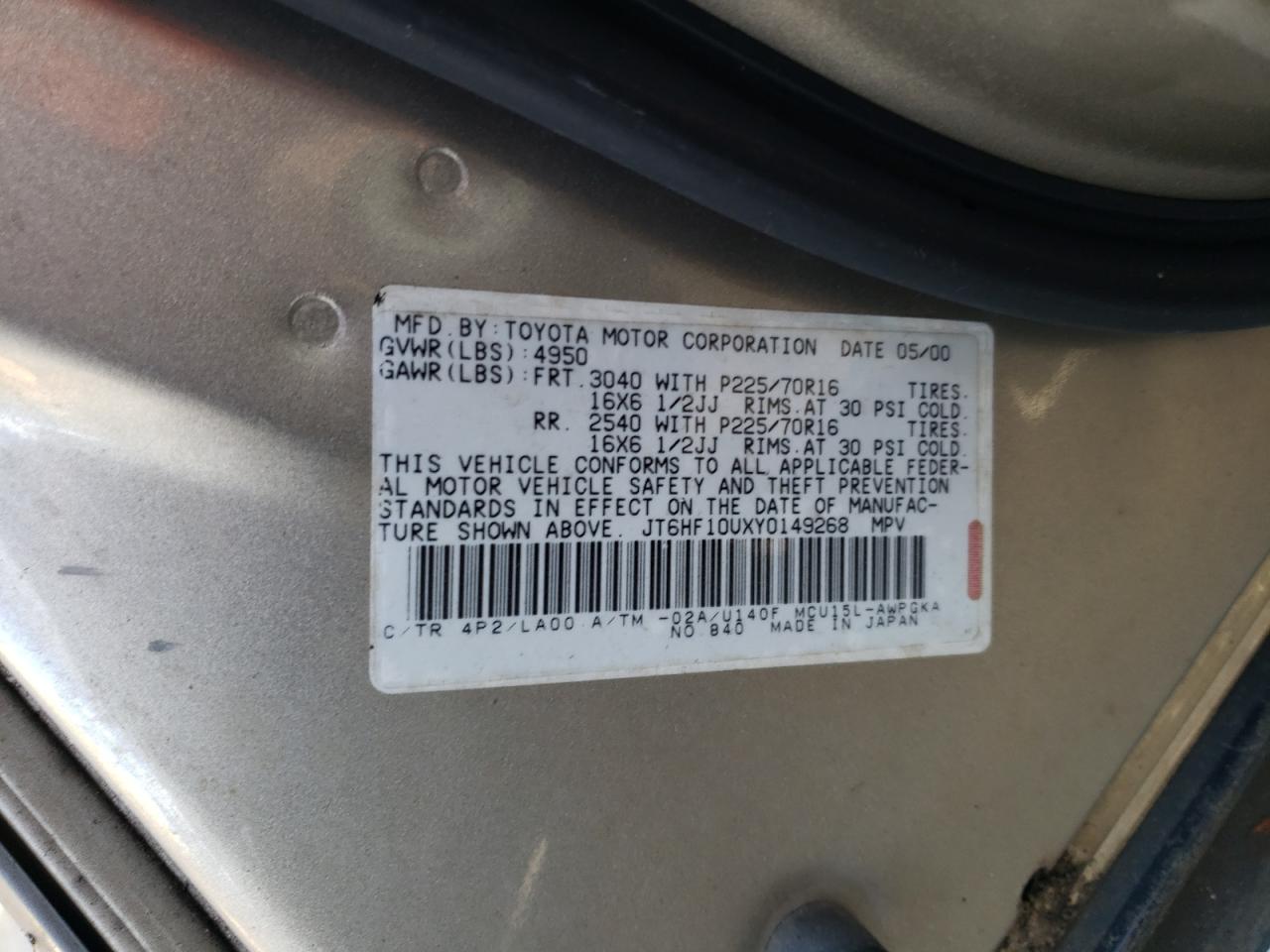Photo 10 from auction – 2000 LEXUS RX 300 with VIN JT6HF10UXY0149268