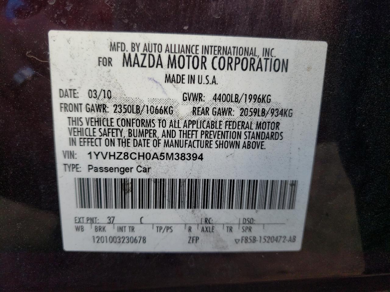 Photo 10 from auction – 2010 MAZDA 6 I with VIN 1YVHZ8CH0A5M38394