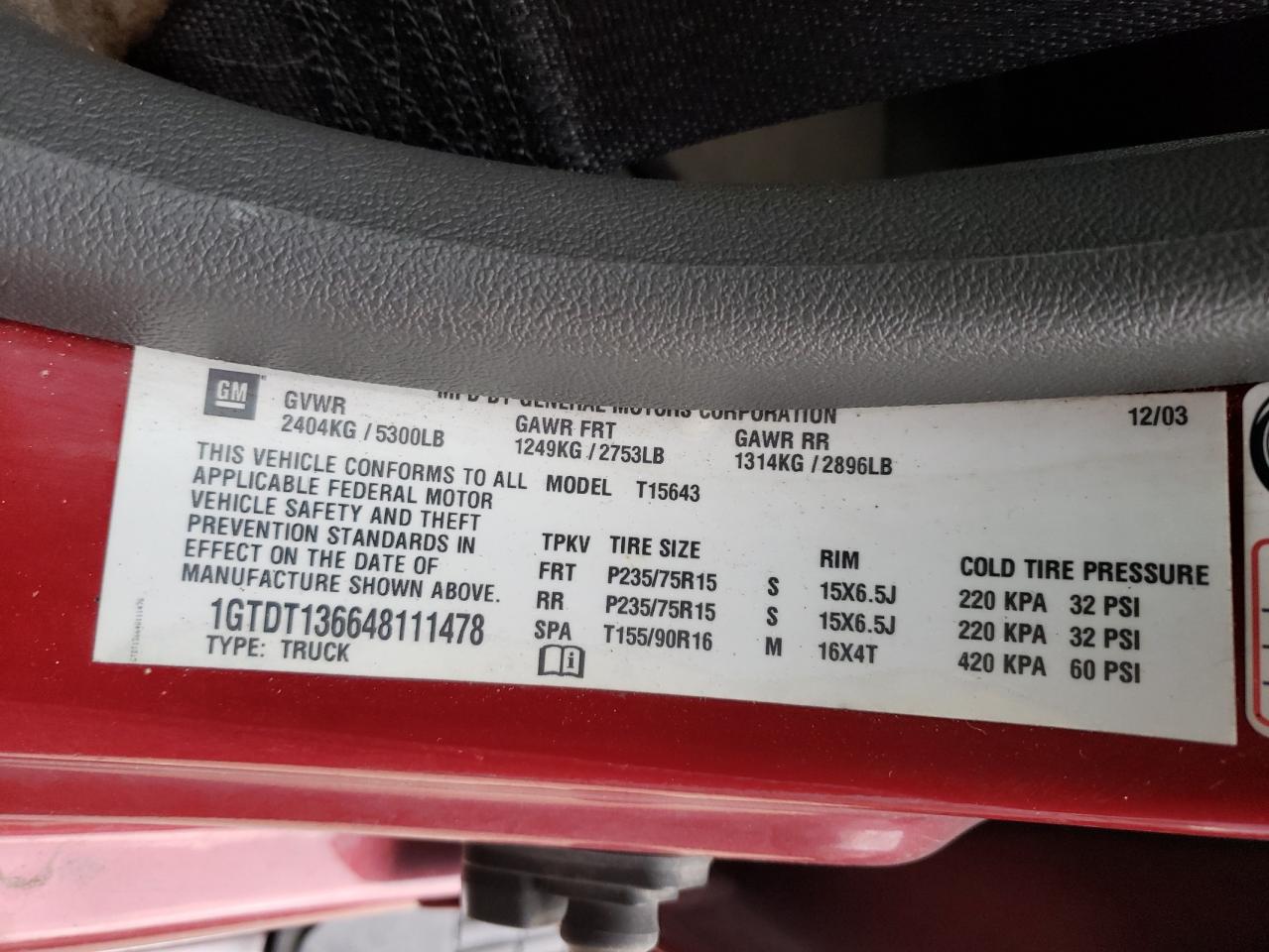Photo 10 from auction – 2004 GMC CANYON with VIN 1GTDT136648111478