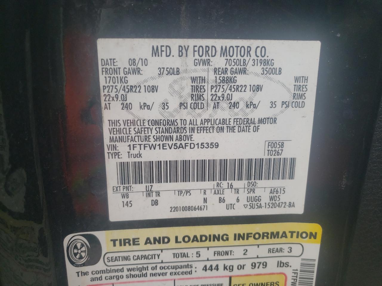 Photo 10 from auction – 2010 FORD F150 SUPER with VIN 1FTFW1EV5AFD15359