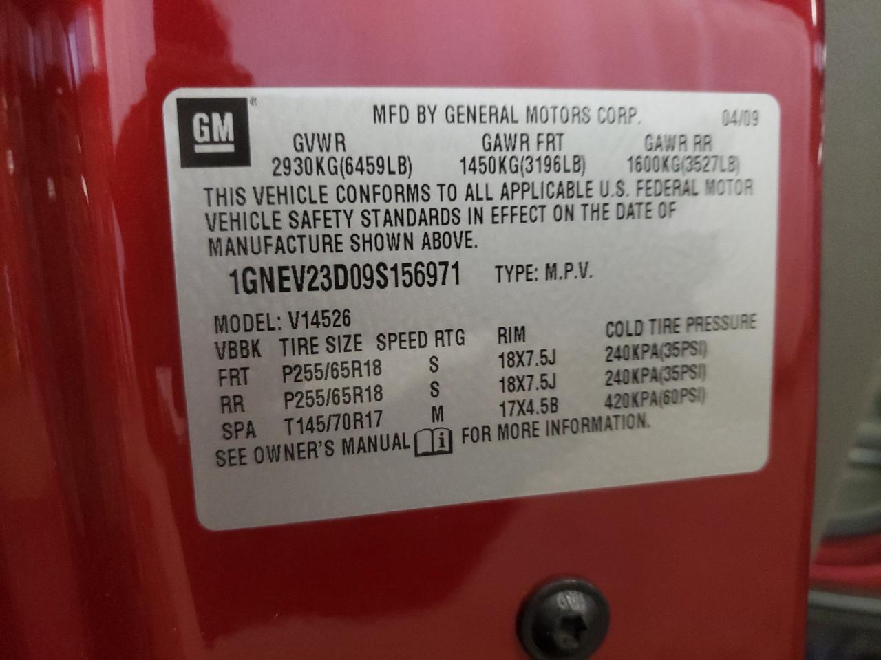 Photo 10 from auction – 2009 CHEVROLET TRAVERSE L with VIN 1GNEV23D09S156971