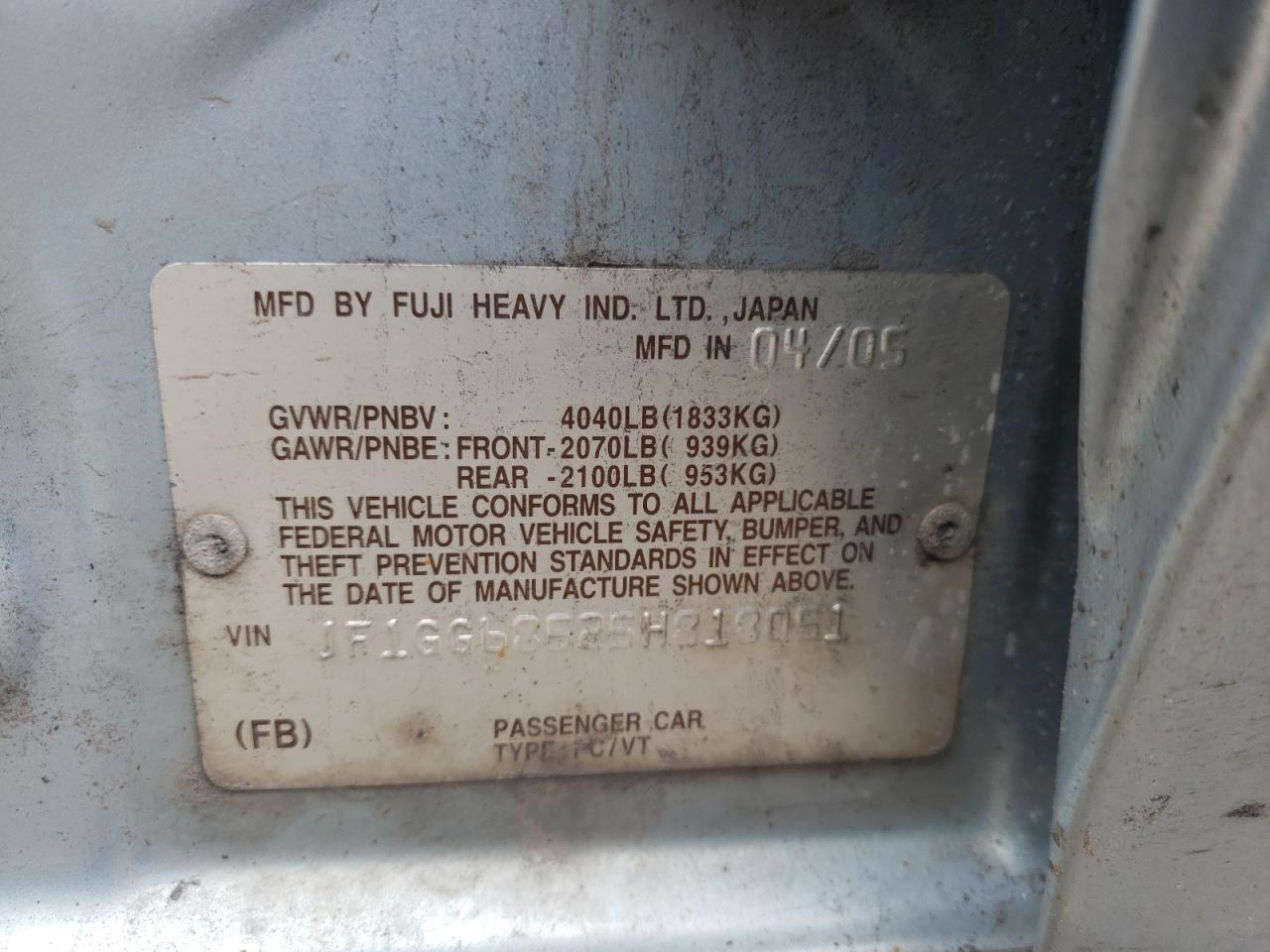Photo 10 from auction – 2004 SUBARU IMPREZA with VIN JF1GG68525H818051
