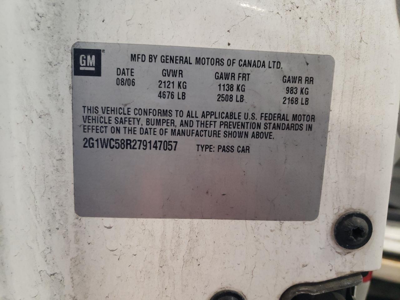 Photo 10 from auction – 2007 CHEVROLET IMPALA with VIN 2G1WC58R279147057