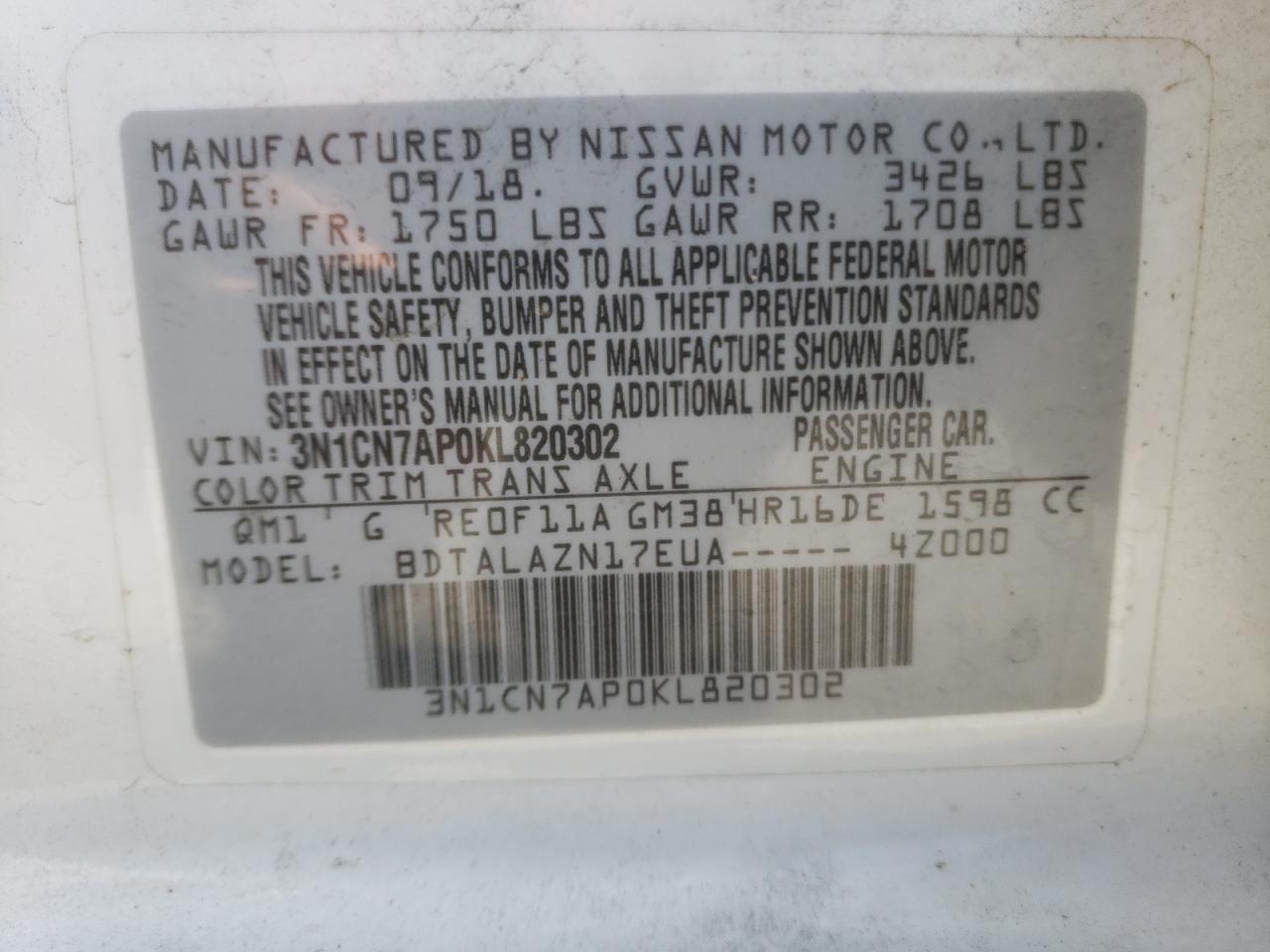 Photo 10 from auction – 2019 NISSAN VERSA S with VIN 3N1CN7AP0KL820302
