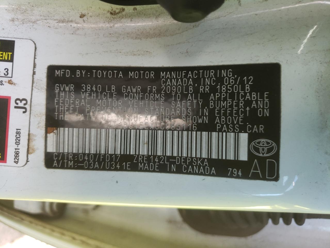 Photo 10 from auction – 2012 TOYOTA COROLLA BA with VIN 2T1BU4EEXCC885116