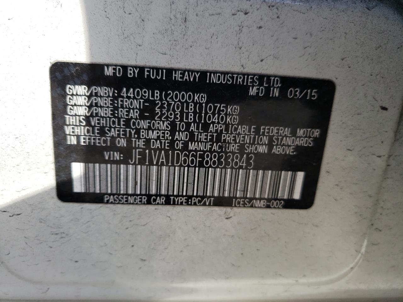 Photo 10 from auction – 2015 SUBARU WRX PREMIU with VIN JF1VA1D66F8833843