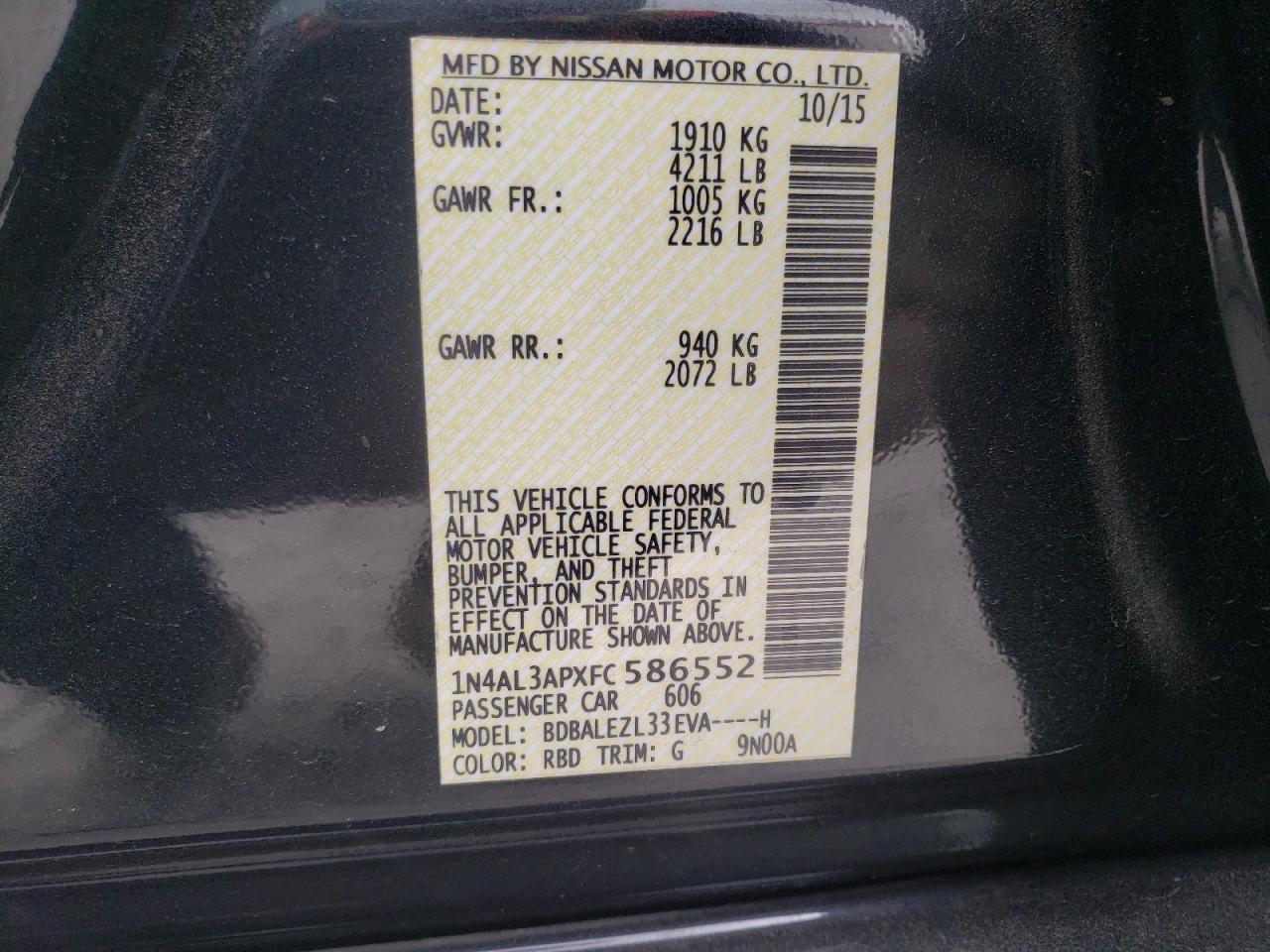 Photo 10 from auction – 2015 NISSAN ALTIMA 2.5 with VIN 1N4AL3APXFC586552