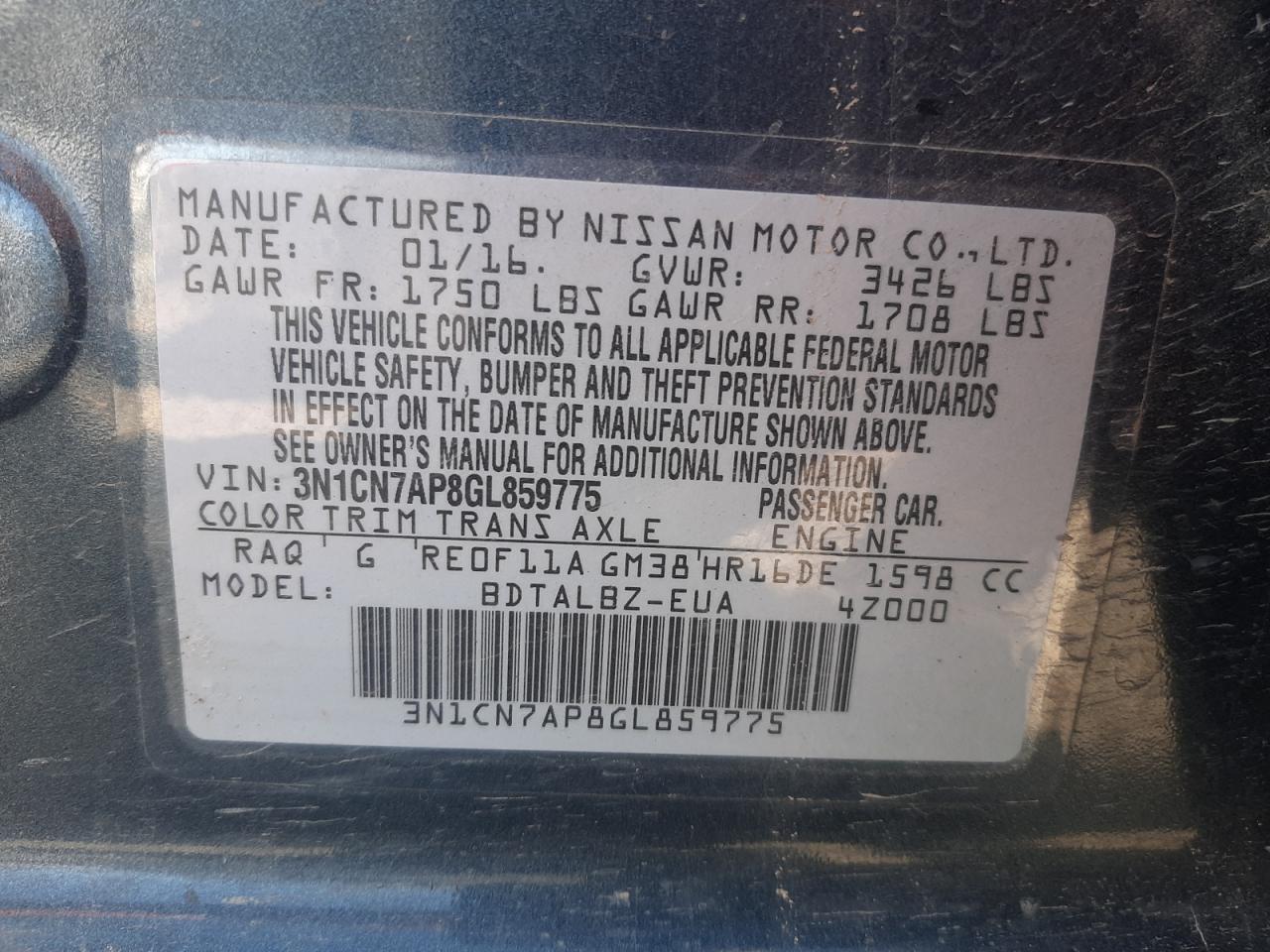 Photo 10 from auction – 2016 NISSAN VERSA S with VIN 3N1CN7AP8GL859775