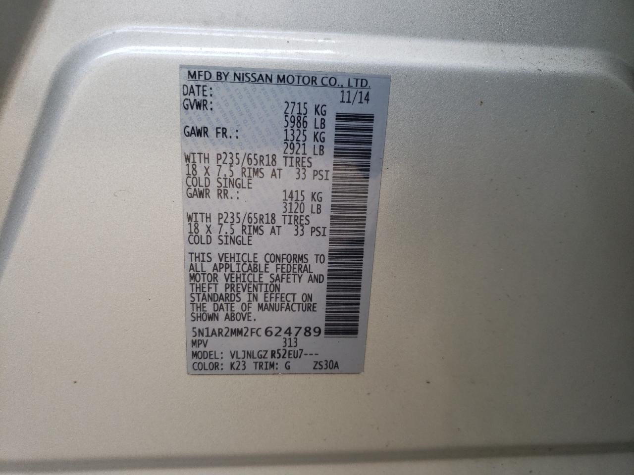 Photo 10 from auction – 2015 NISSAN PATHFINDER with VIN 5N1AR2MM2FC624789