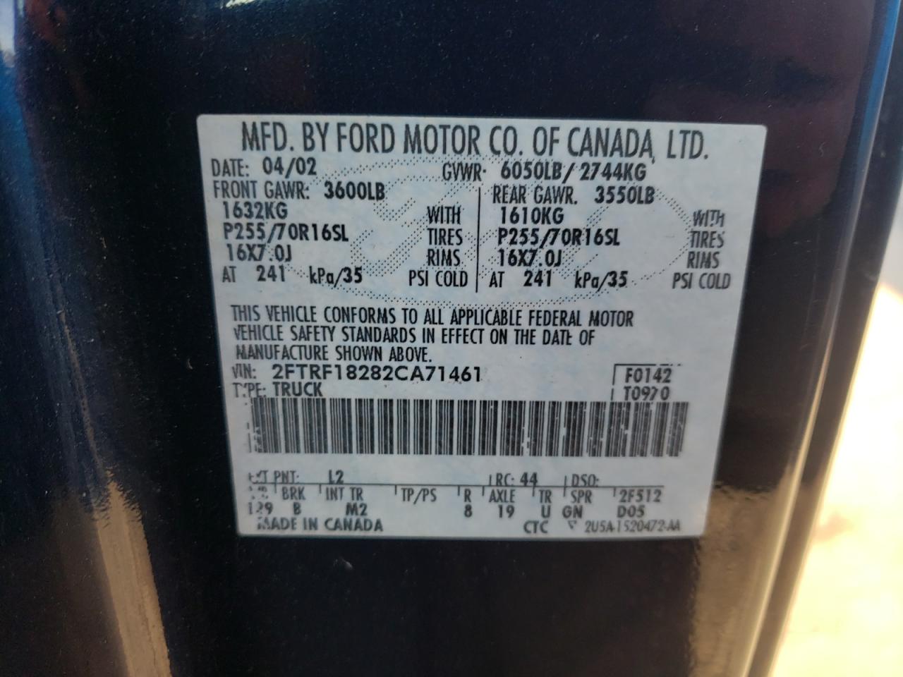 Photo 10 from auction – 2002 FORD F150 with VIN 2FTRF18282CA71461