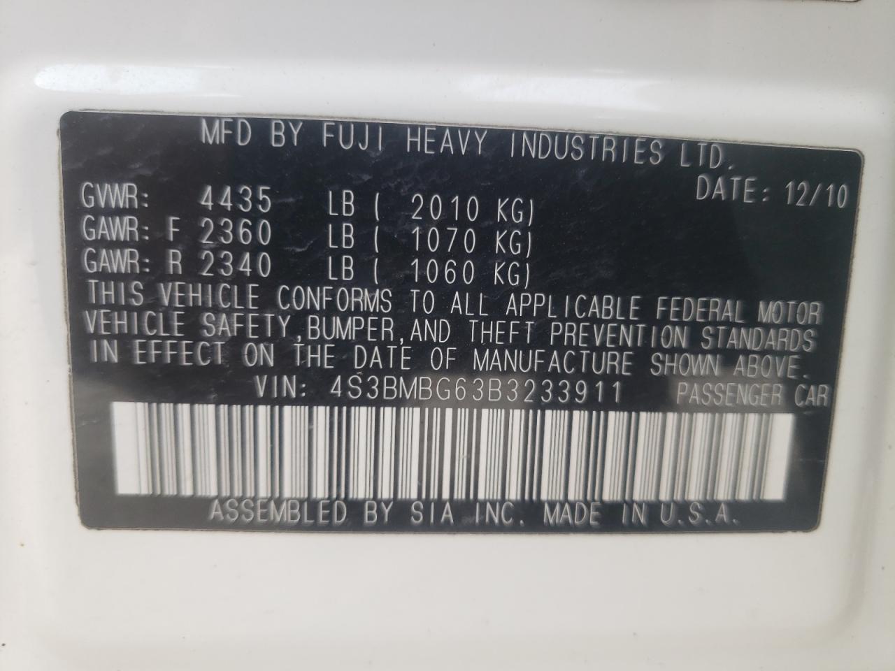 Photo 10 from auction – 2011 SUBARU LEGACY 2.5 with VIN 4S3BMBG63B3233911