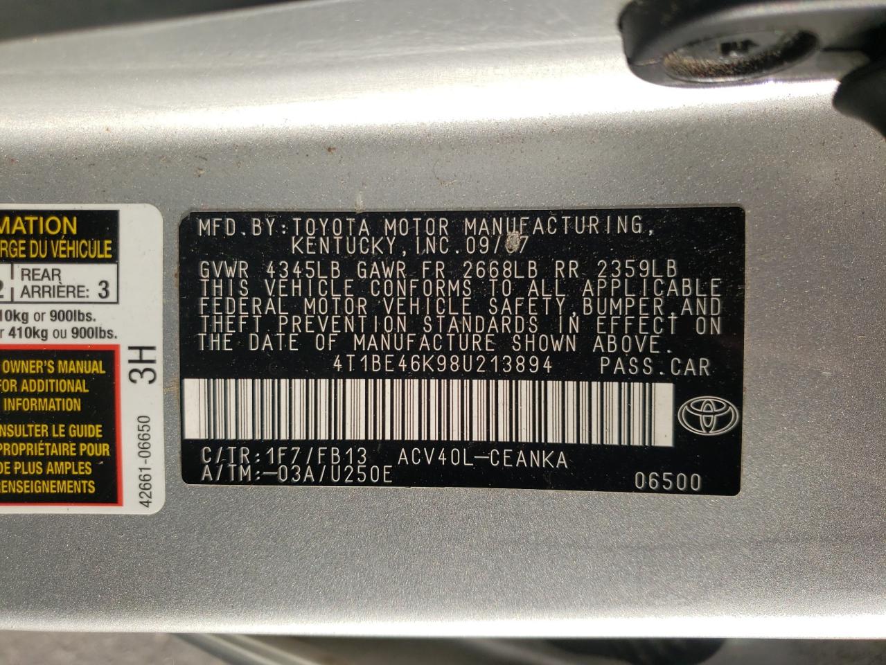 Photo 10 from auction – 2008 TOYOTA CAMRY CE with VIN 4T1BE46K98U213894
