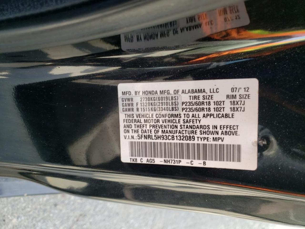 Photo 10 from auction – 2012 HONDA ODYSSEY TO with VIN 5FNRL5H93CB132089