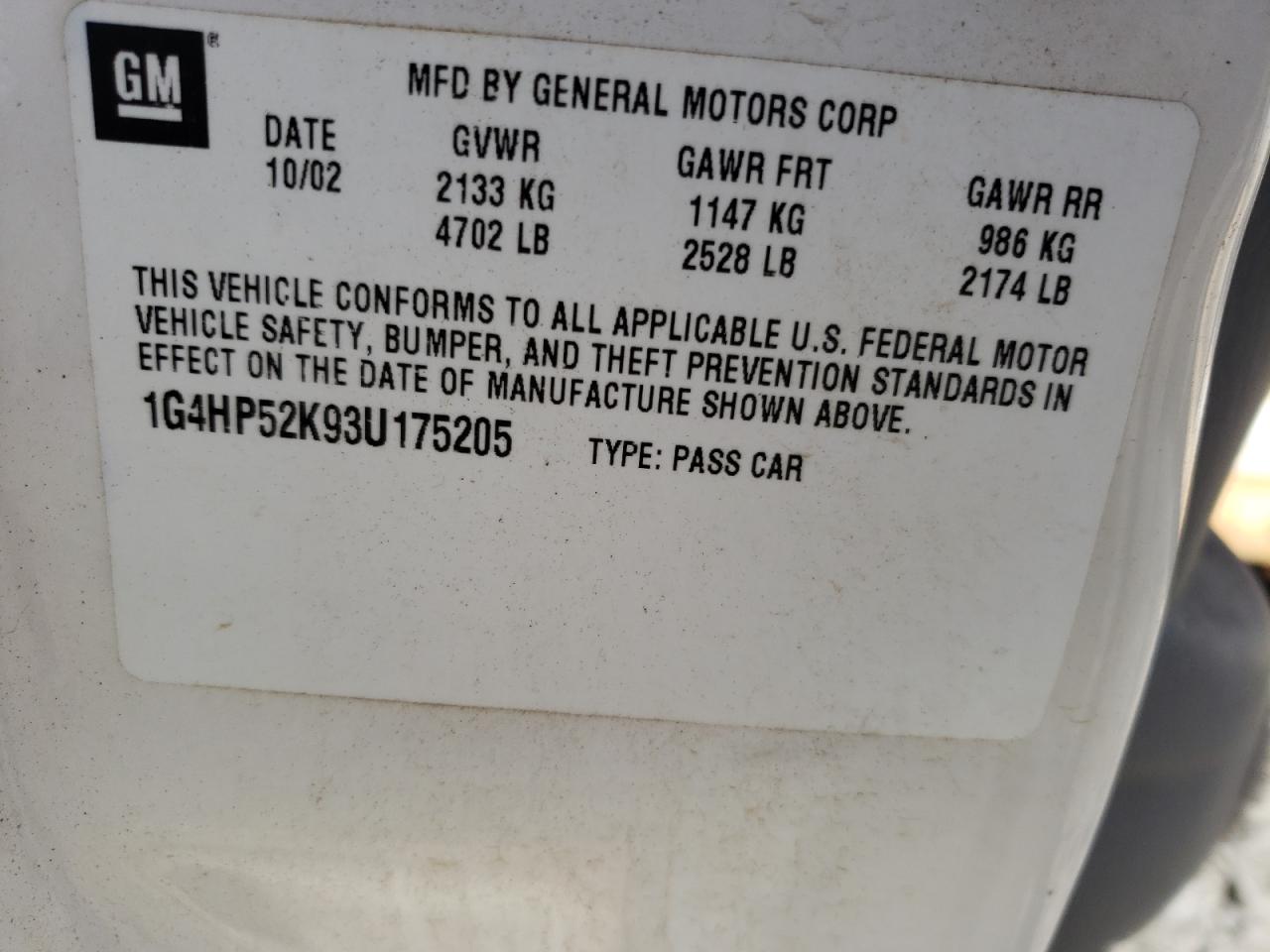 Photo 10 from auction – 2003 BUICK LESABRE CU with VIN 1G4HP52K93U175205