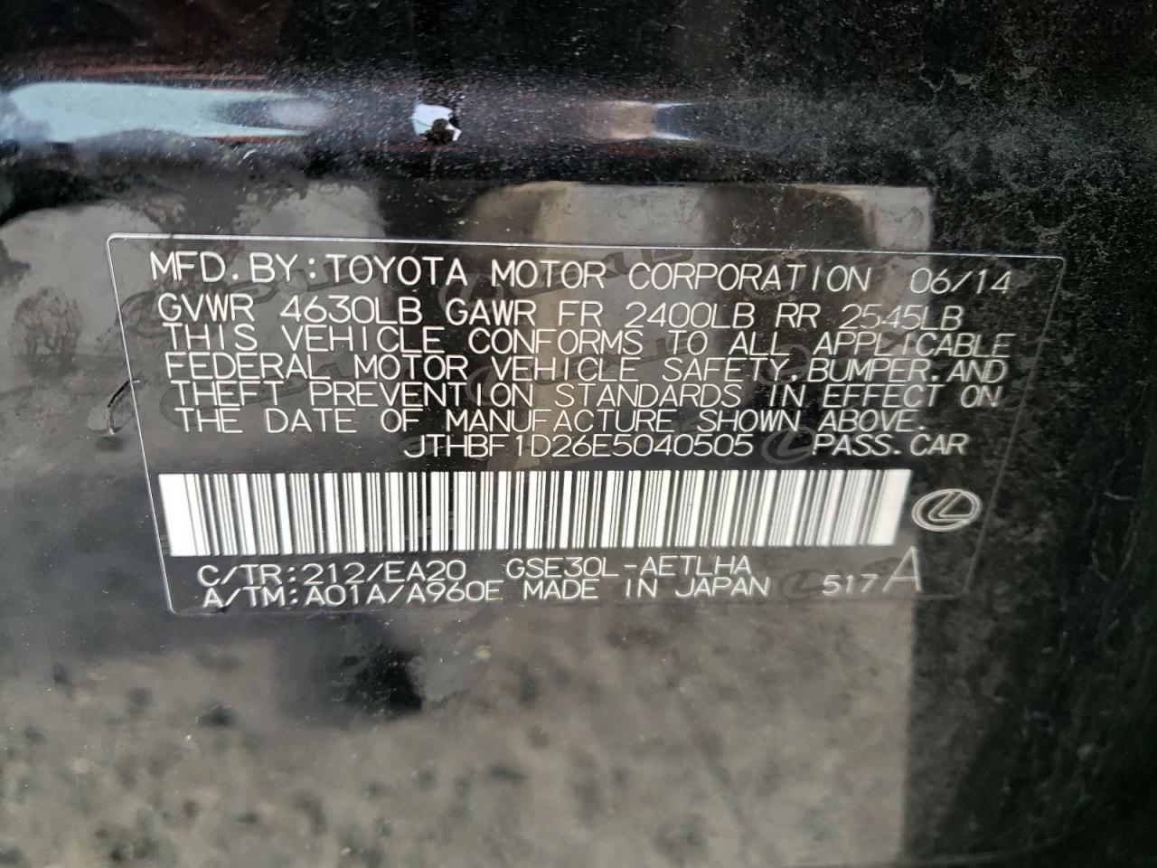 Photo 10 from auction – 2014 LEXUS IS 250 with VIN JTHBF1D26E5040505