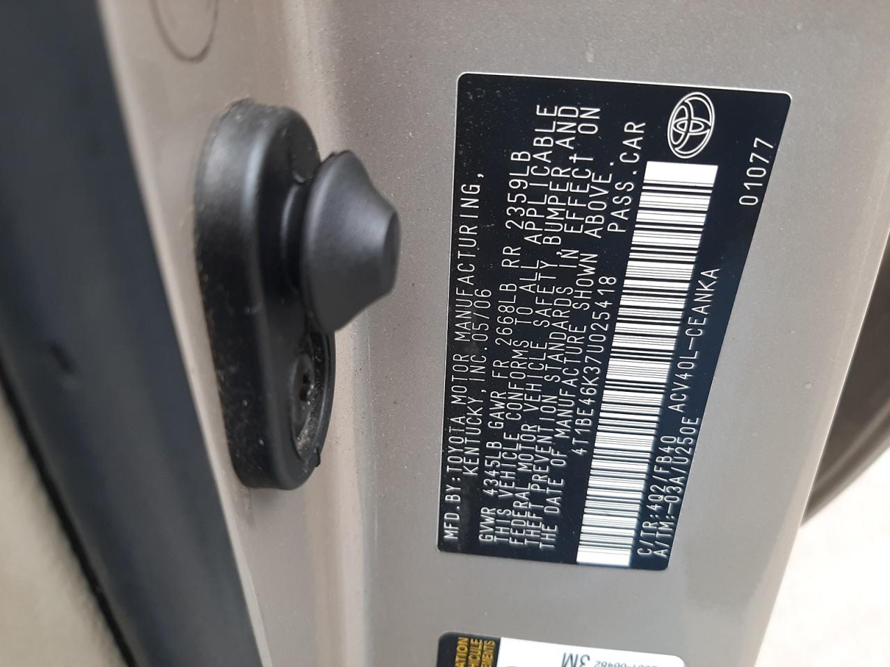 Photo 10 from auction – 2007 TOYOTA CAMRY CE with VIN 4T1BE46K37U025418