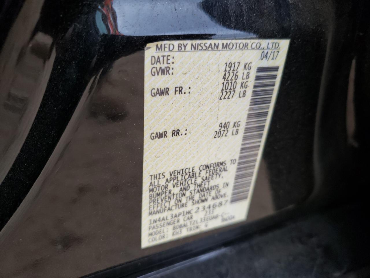 Photo 10 from auction – 2017 NISSAN ALTIMA 2.5 with VIN 1N4AL3AP1HC234687