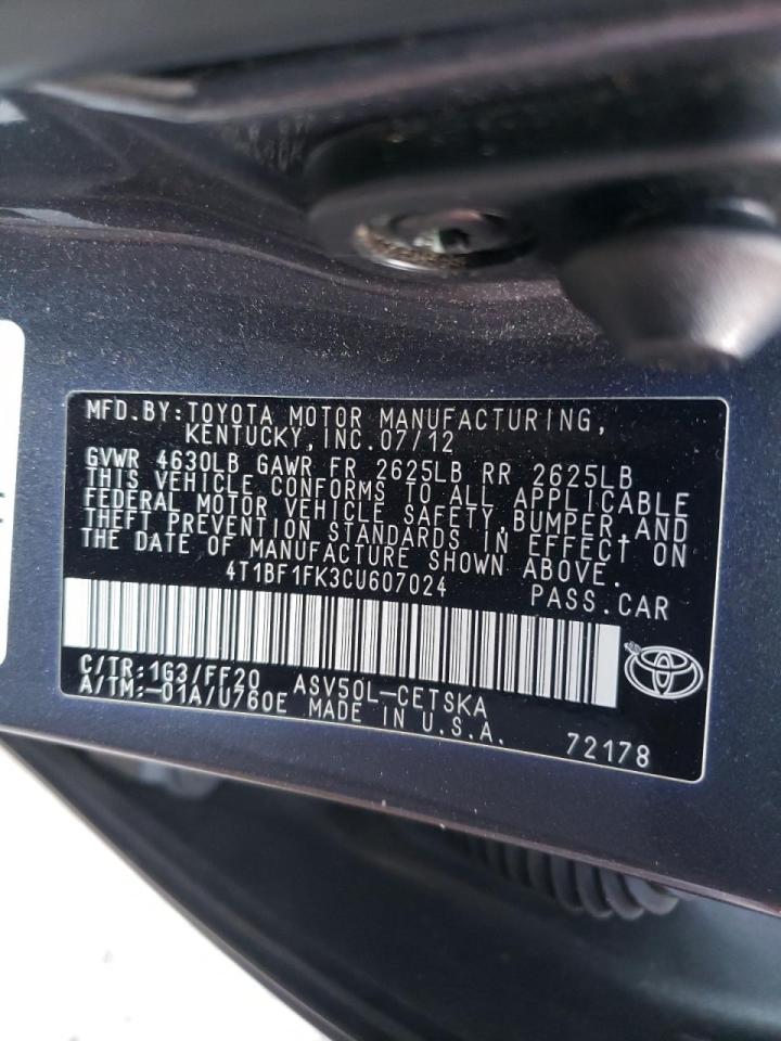 Photo 10 from auction – 2012 TOYOTA CAMRY BASE with VIN 4T1BF1FK3CU607024