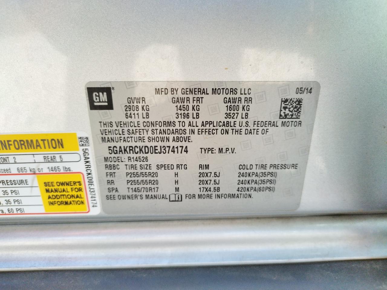 Photo 10 from auction – 2014 BUICK ENCLAVE with VIN 5GAKRCKD0EJ374174