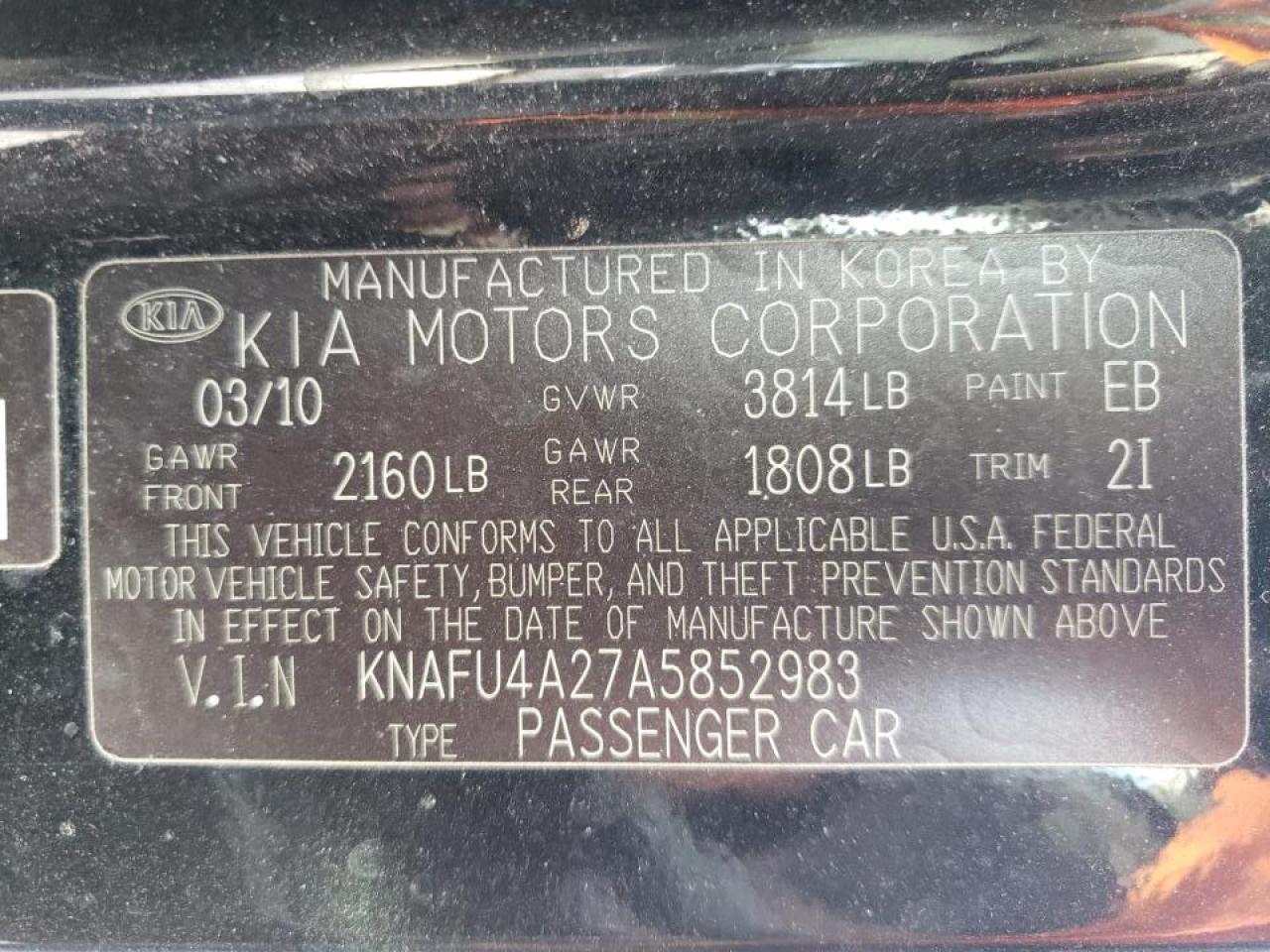 Photo 10 from auction – 2010 KIA FORTE EX with VIN KNAFU4A27A5852983