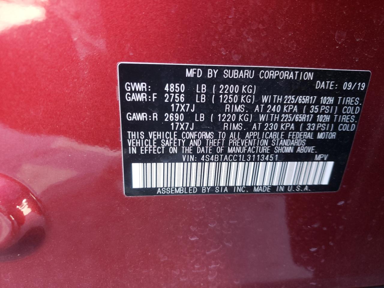 Photo 10 from auction – 2020 SUBARU OUTBACK PR with VIN 4S4BTACC1L3113451