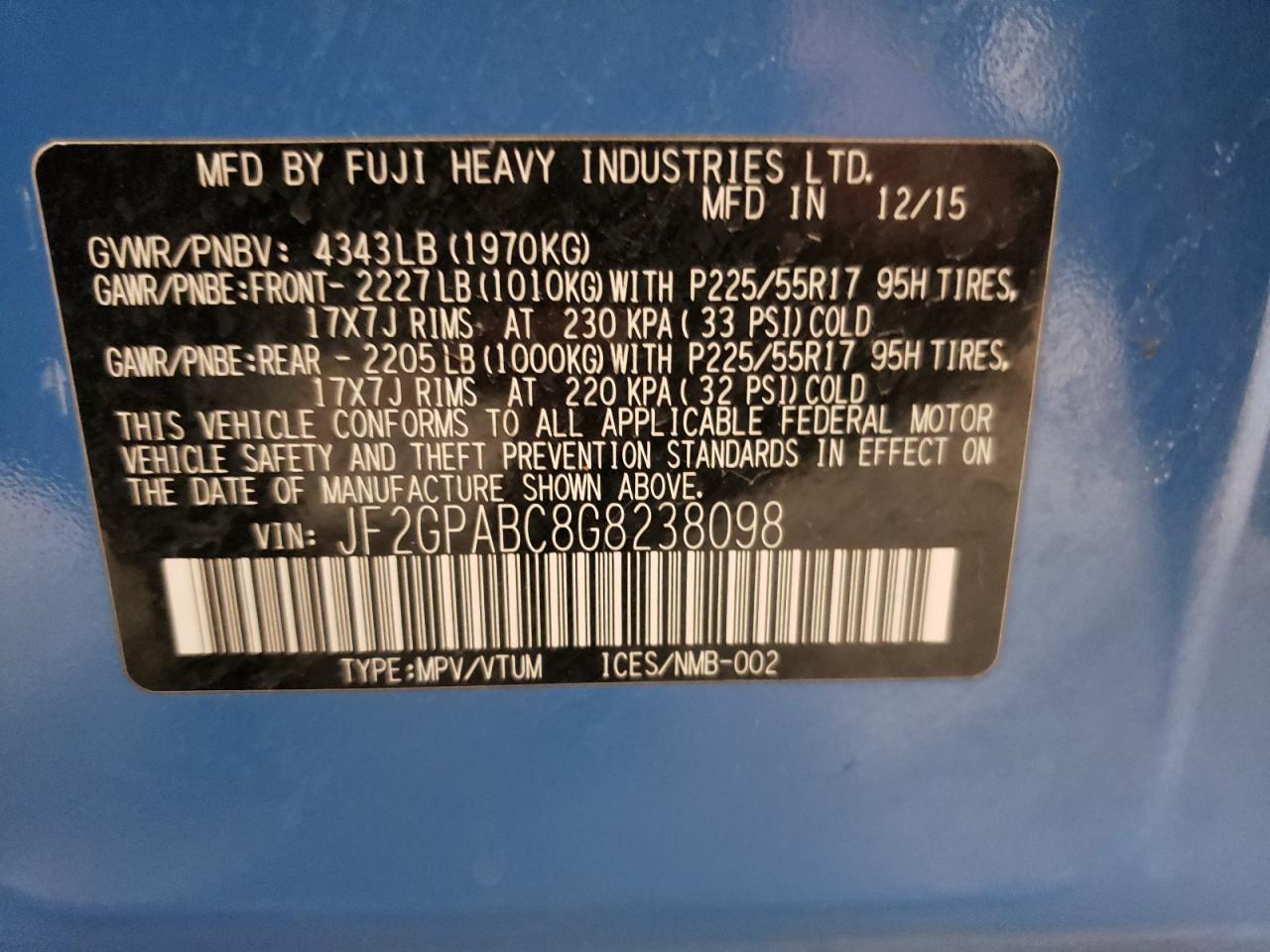 Photo 10 from auction – 2016 SUBARU CROSSTREK with VIN JF2GPABC8G8238098