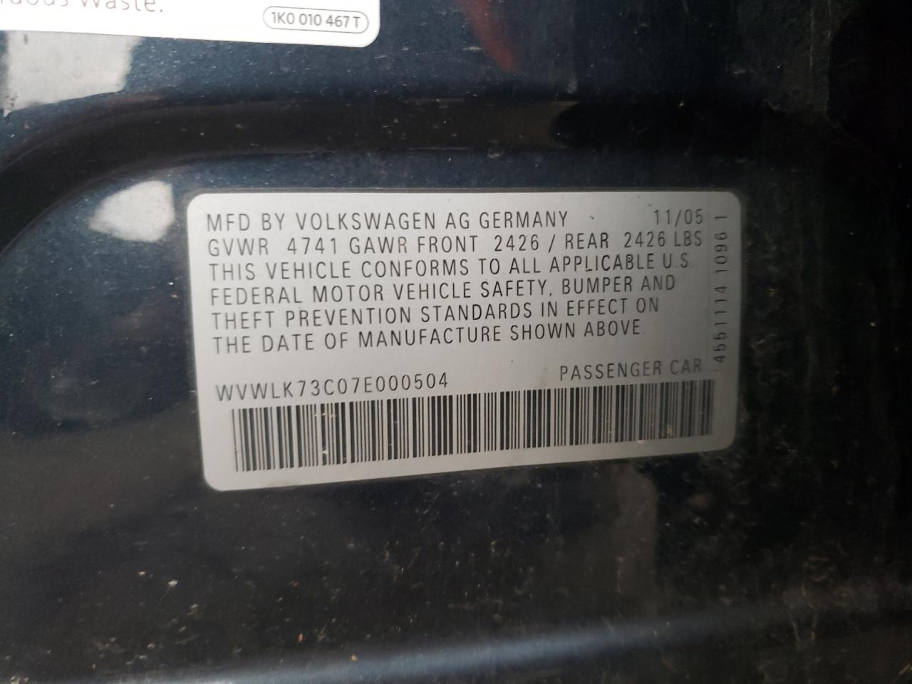 Photo 10 from auction – 2007 VOLKSWAGEN PASSAT 2.0 with VIN WVWLK73C07E000504