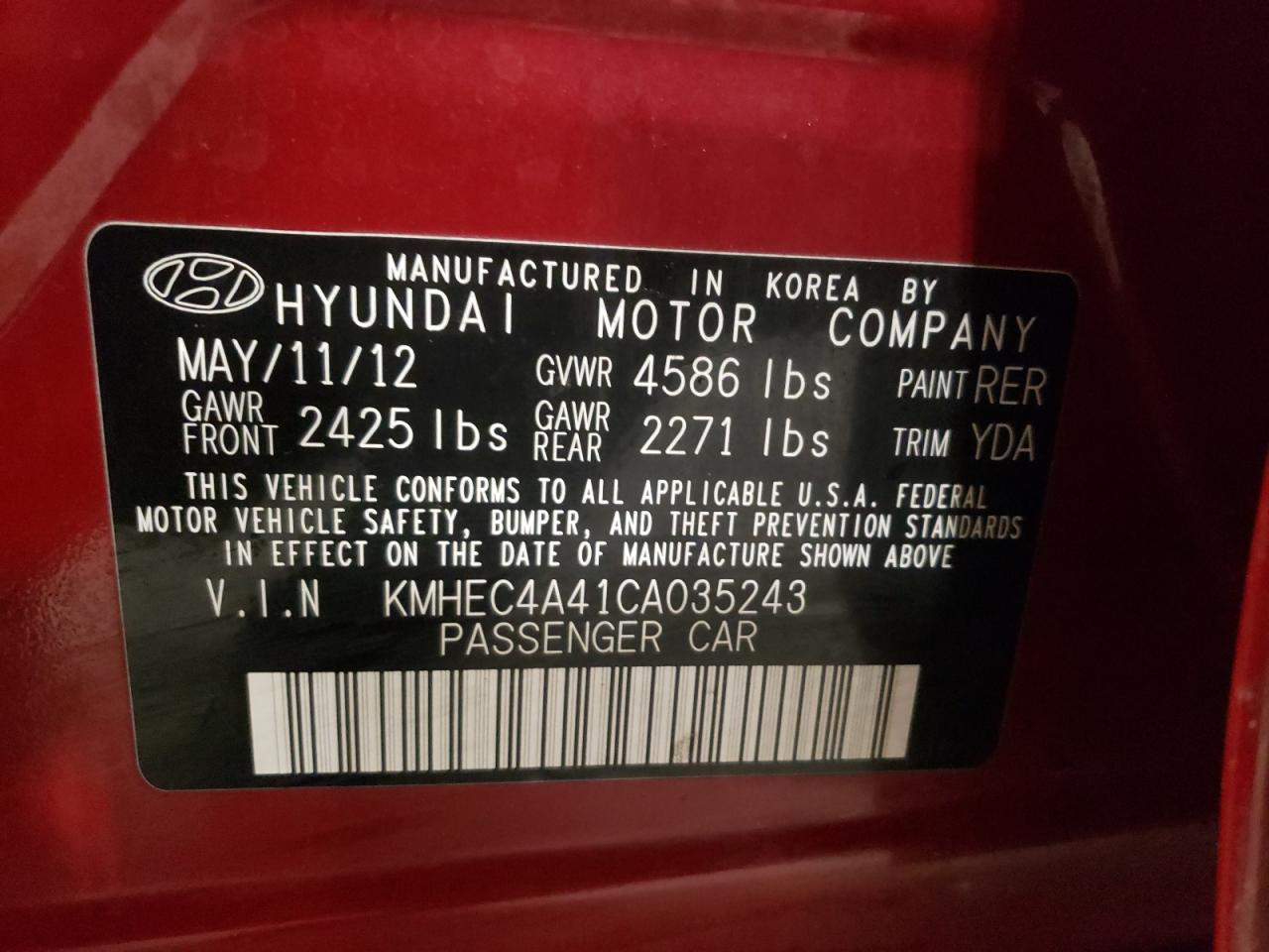 Photo 10 from auction – 2012 HYUNDAI SONATA HYB with VIN KMHEC4A41CA035243