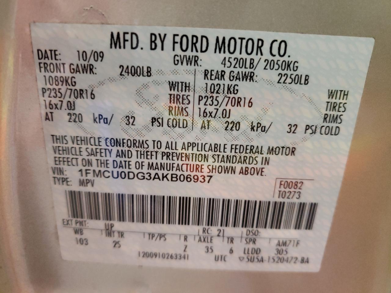 Photo 10 from auction – 2010 FORD ESCAPE XLT with VIN 1FMCU0DG3AKB06937