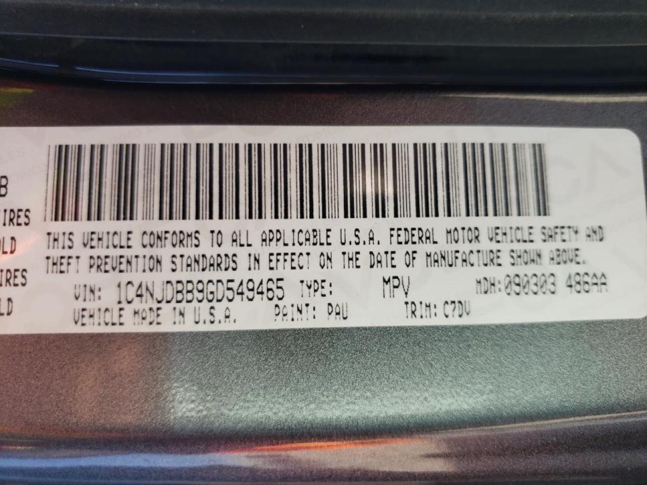 Photo 10 from auction – 2016 JEEP COMPASS SP with VIN 1C4NJDBB9GD549465