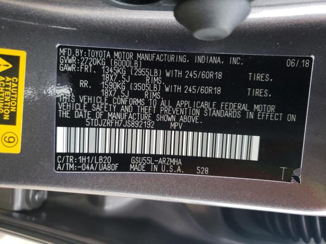 Photo 10 from auction – 2018 TOYOTA HIGHLANDER with VIN 5TDJZRFH7JS892192