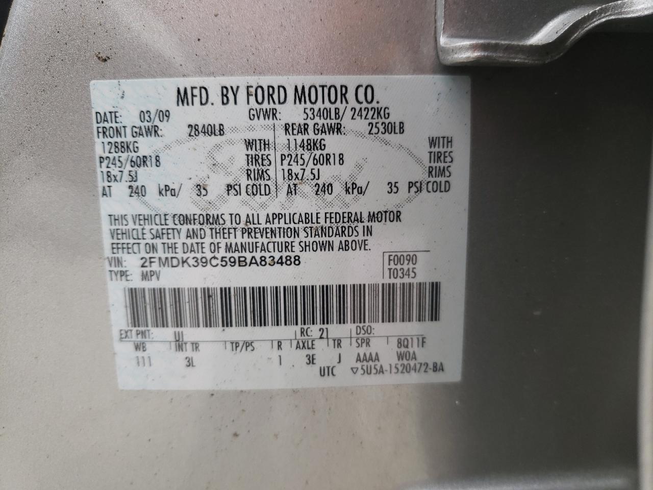 Photo 10 from auction – 2009 FORD EDGE LIMIT with VIN 2FMDK39C59BA83488