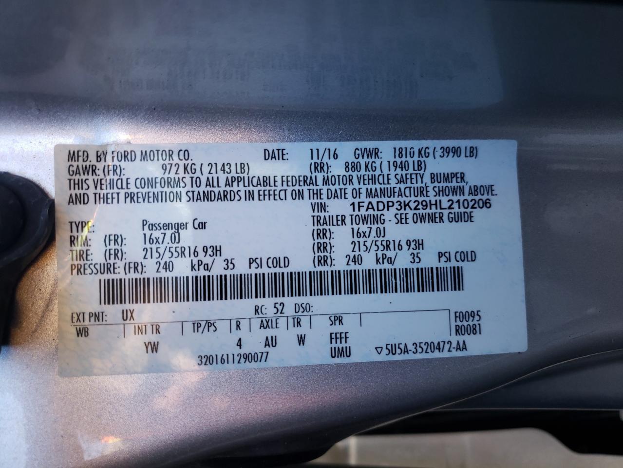 Photo 10 from auction – 2017 FORD FOCUS SE with VIN 1FADP3K29HL210206