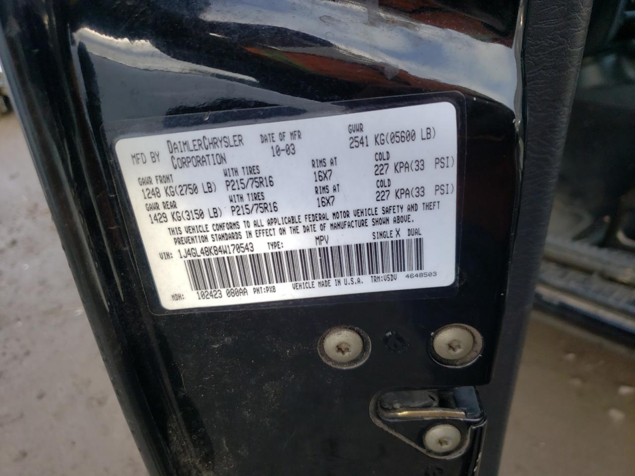 Photo 10 from auction – 2004 JEEP LIBERTY SP with VIN 1J4GL48K84W170543