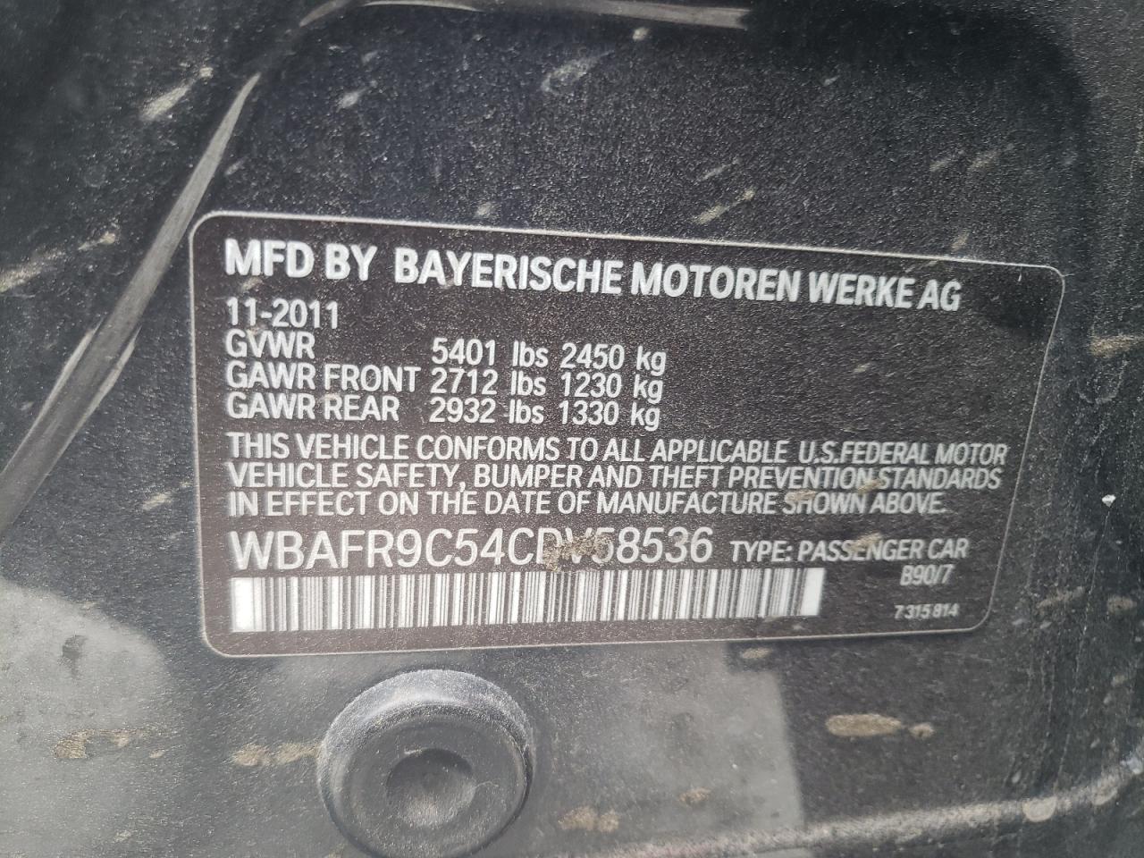 Photo 10 from auction – 2012 BMW 550 I with VIN WBAFR9C54CDV58536