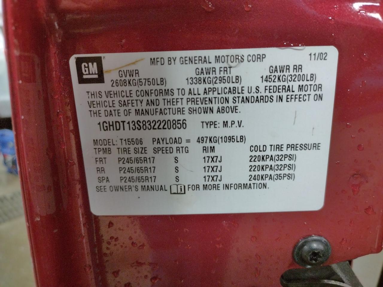 Photo 10 from auction – 2003 OLDSMOBILE BRAVADA with VIN 1GHDT13S832220856