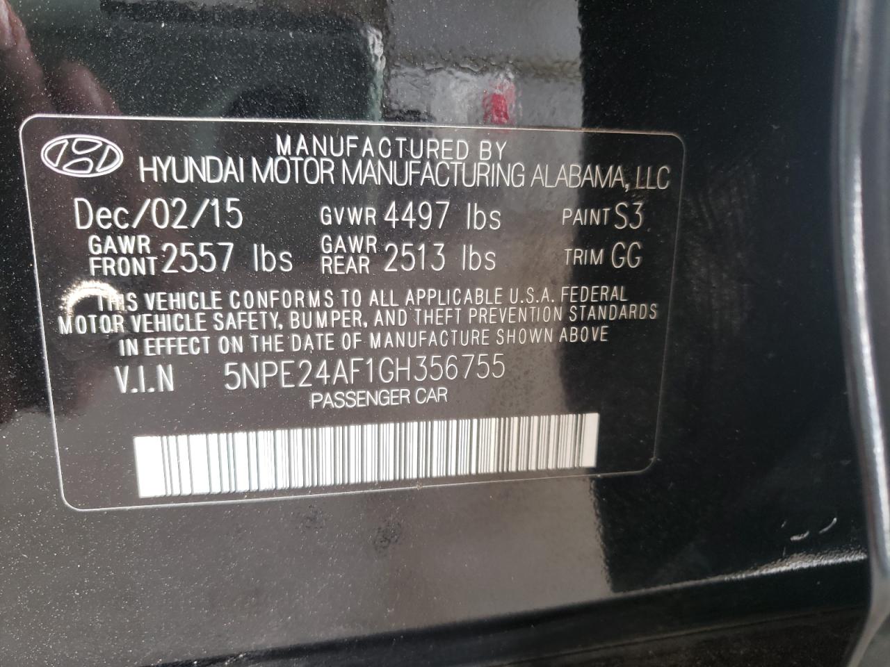 Photo 10 from auction – 2016 HYUNDAI SONATA SE with VIN 5NPE24AF1GH356755