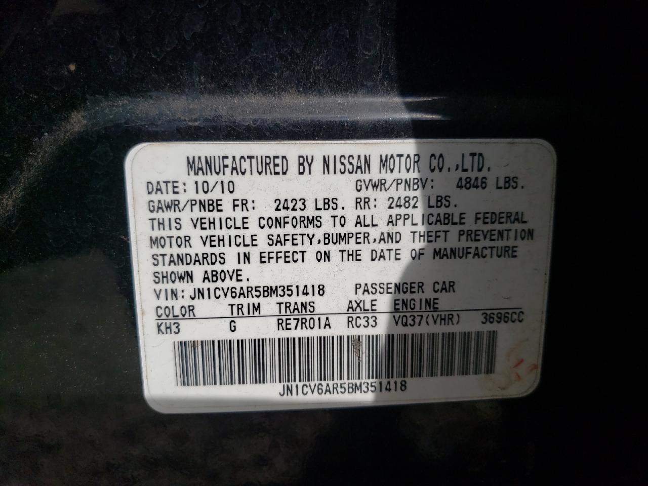 Photo 10 from auction – 2011 INFINITI G37 with VIN JN1CV6AR5BM351418