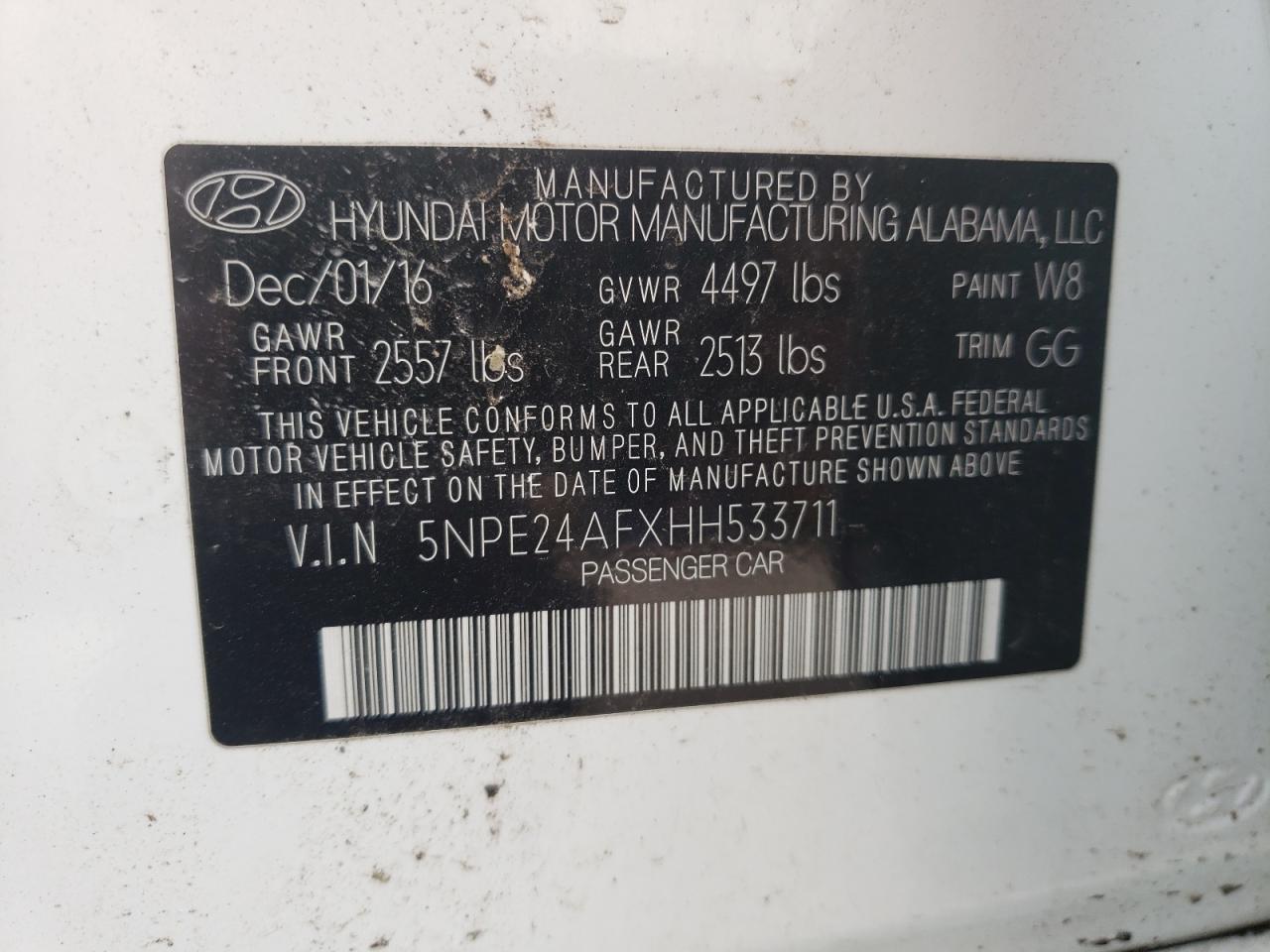 Photo 10 from auction – 2017 HYUNDAI SONATA SE with VIN 5NPE24AFXHH533711