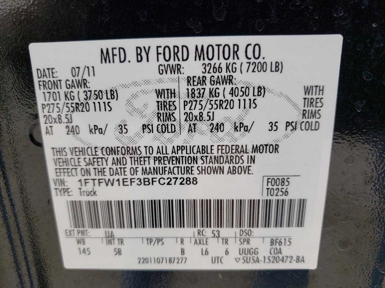 Photo 10 from auction – 2011 FORD F150 SUPER with VIN 1FTFW1EF3BFC27288