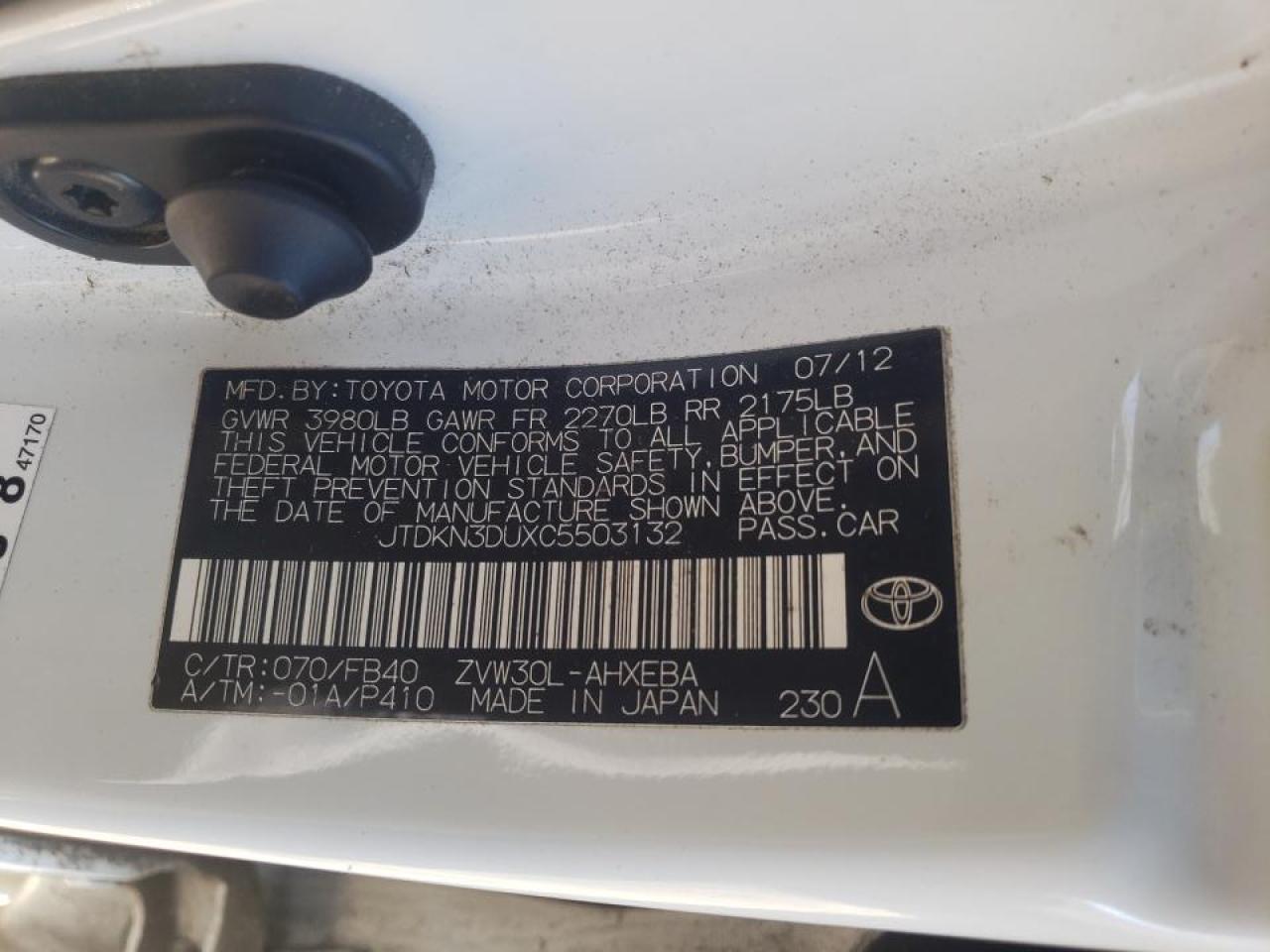 Zdjęcie 10 z aukcji – 2012 TOYOTA PRIUS z VIN JTDKN3DUXC5503132