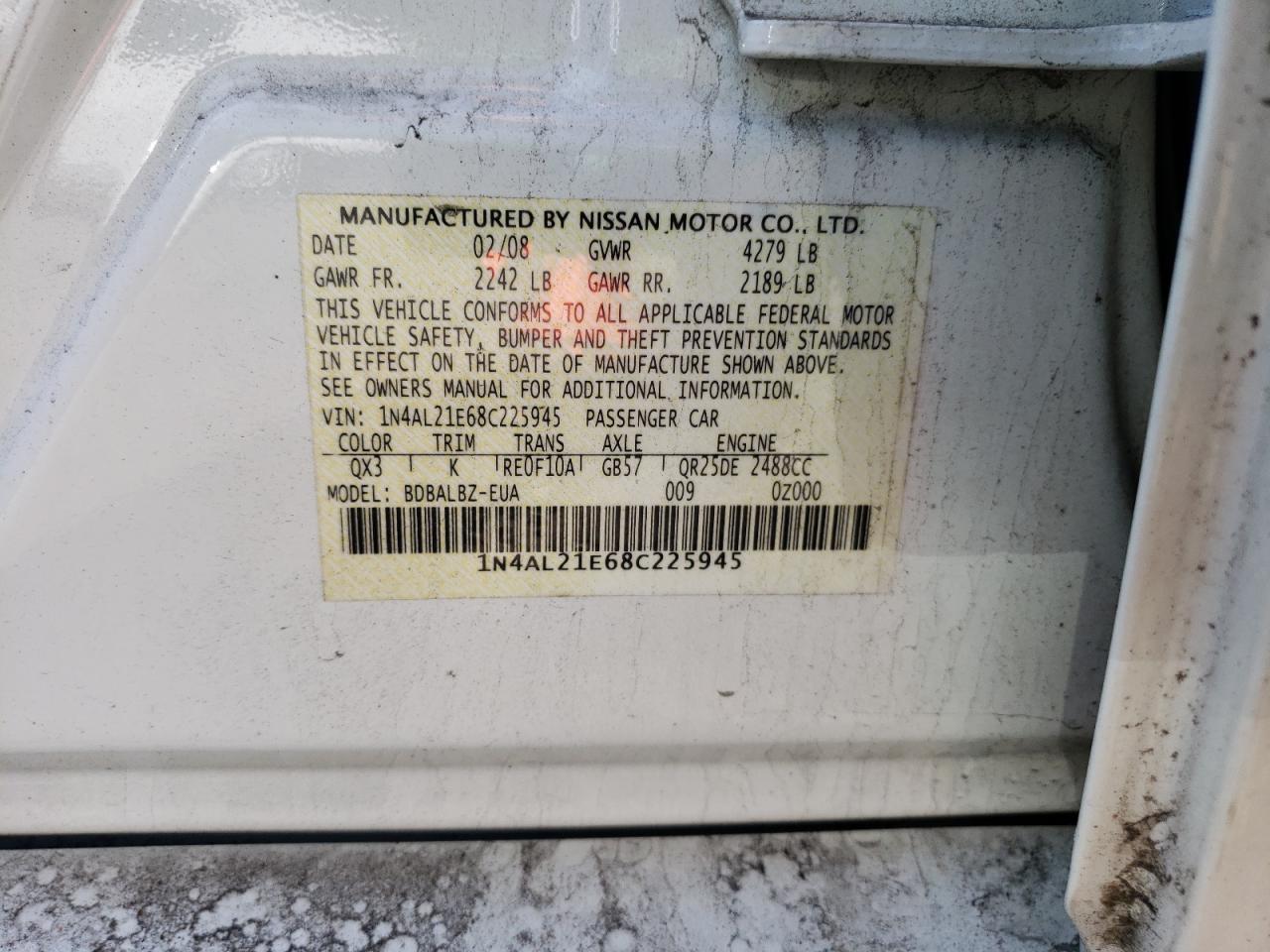 Photo 10 from auction – 2008 NISSAN ALTIMA 2.5 with VIN 1N4AL21E68C225945