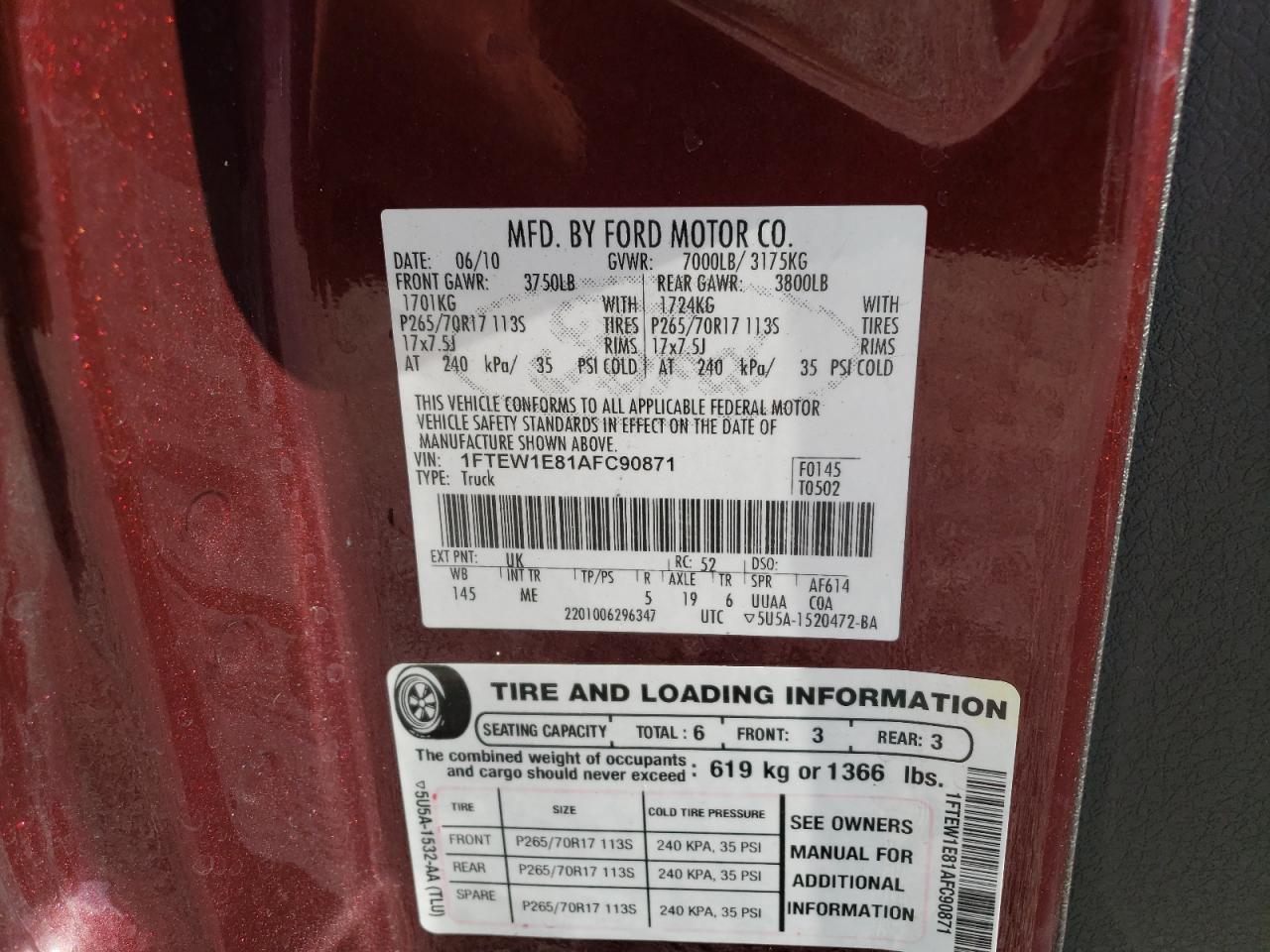 Photo 10 from auction – 2010 FORD F150 SUPER with VIN 1FTEW1E81AFC90871