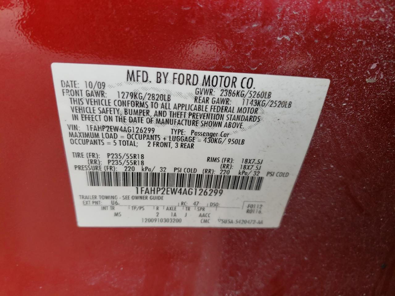 Photo 10 from auction – 2010 FORD TAURUS SEL with VIN 1FAHP2EW4AG126299