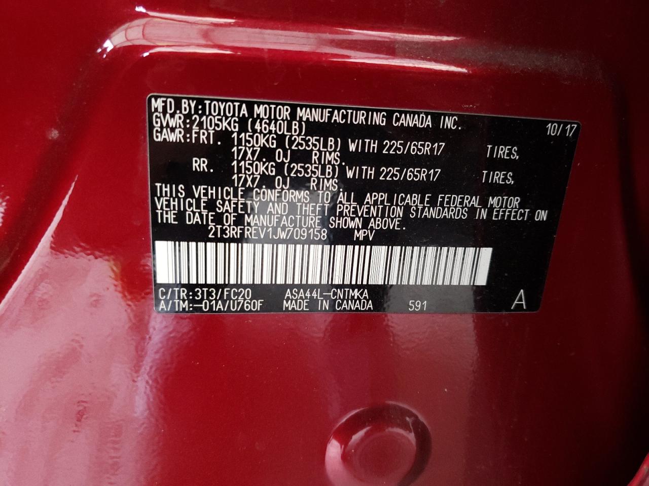 Photo 10 from auction – 2018 TOYOTA RAV4 with VIN 2T3RFREV1JW709158