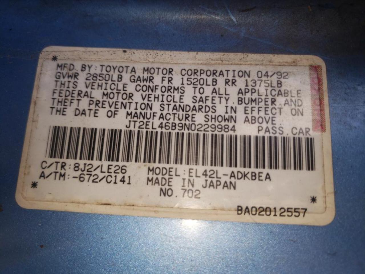 Photo 10 from auction – 1992 TOYOTA TERCEL STD with VIN JT2EL46B9N0229984