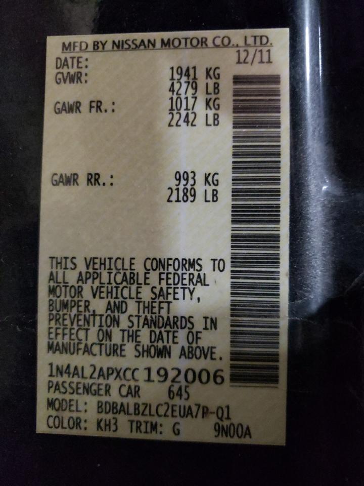 Photo 10 from auction – 2012 NISSAN ALTIMA BAS with VIN 1N4AL2APXCC192006