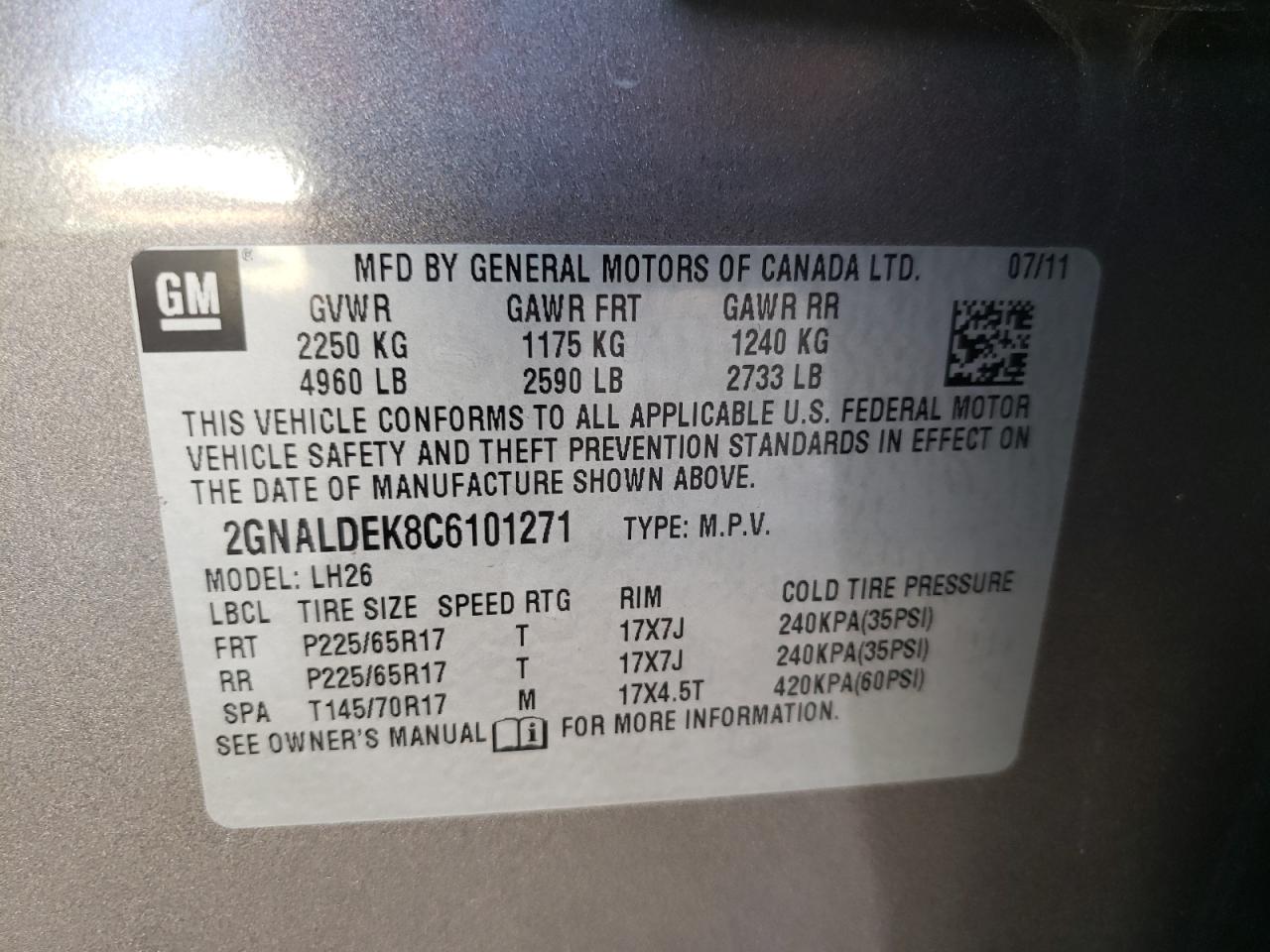 Photo 10 from auction – 2012 CHEVROLET EQUINOX LT with VIN 2GNALDEK8C6101271