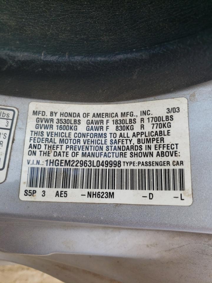Photo 10 from auction – 2003 HONDA CIVIC EX with VIN 1HGEM22963L049998